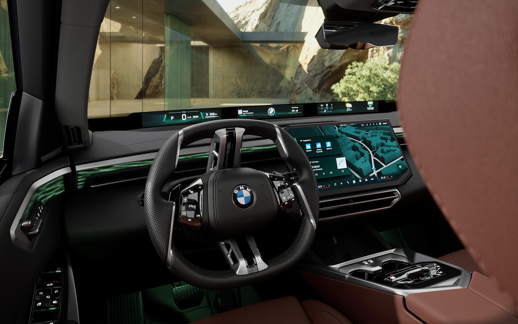 BMW X5 Cockpit mit Lenkrad, BMW Panoramic Vision und Zentral-Display im Free-Cut Design