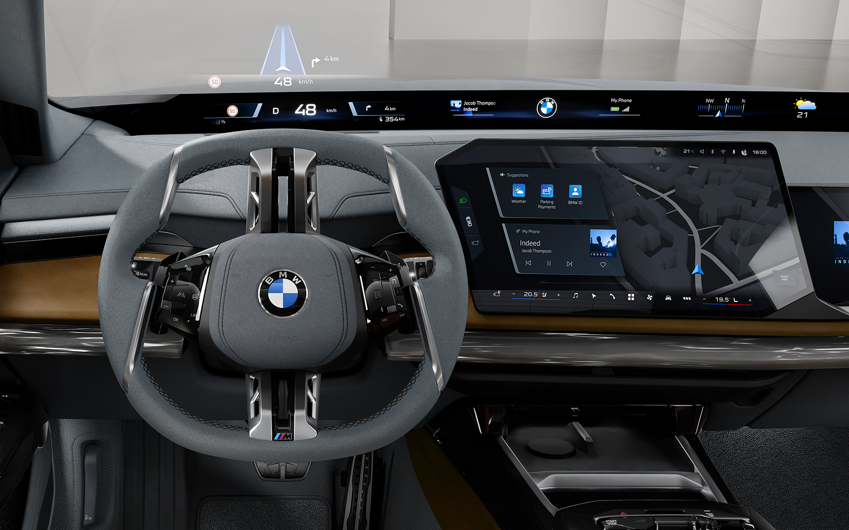 BMW i7 Cockpit mit Lenkrad, Head-up-Display und Zentral Display
