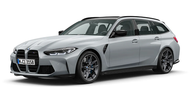 BMW 3er Competition Touring M Automobil in der Farbe Grau als Neuwagen in Frontansicht ohne Hintergrund